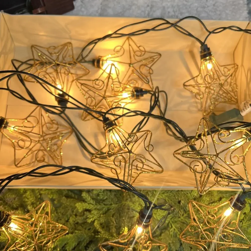 Vintage Pier 1 Metal Wire Gold Star String Lights Holiday Party Christmas